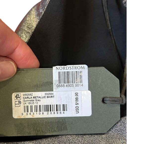 NWT ALLSAINTS Carla Metallic Silver  Midi Skirt Asymmetric Hem Women's US 12 - Picture 10 of 13